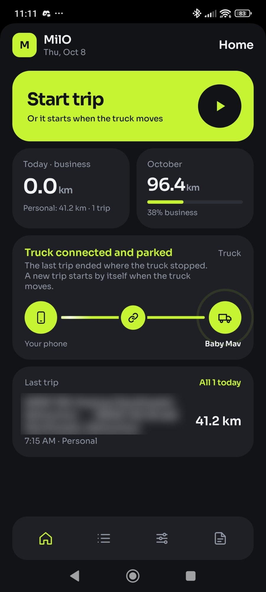 Home: Start trip, today's and the month's kilometres, the truck connected and parked, and the last trip