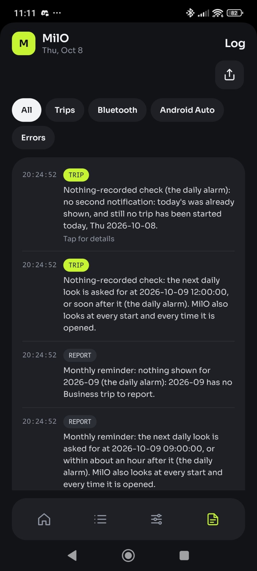 Log: what MilO did and when, one kind of line at a time
